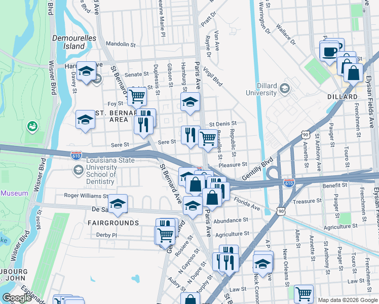 map of restaurants, bars, coffee shops, grocery stores, and more near 1500 Lafreniere Street in New Orleans