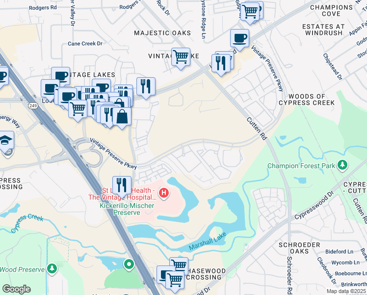 map of restaurants, bars, coffee shops, grocery stores, and more near 14700 Vintage Preserve Parkway in Houston