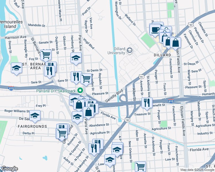 map of restaurants, bars, coffee shops, grocery stores, and more near 3411 Republic Street in New Orleans