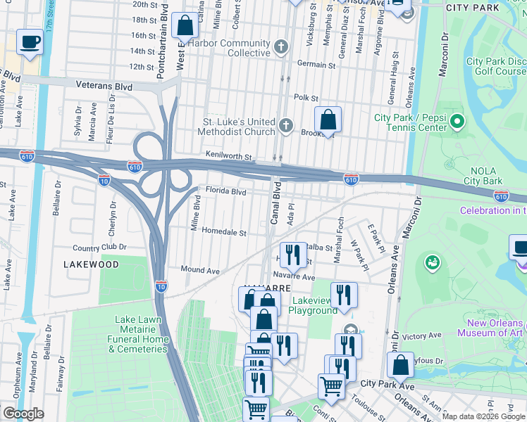 map of restaurants, bars, coffee shops, grocery stores, and more near 5622 Canal Boulevard in New Orleans