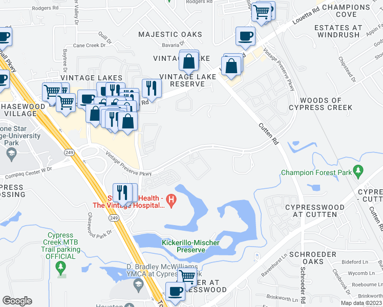 map of restaurants, bars, coffee shops, grocery stores, and more near 14700 Vintage Preserve Parkway in Houston