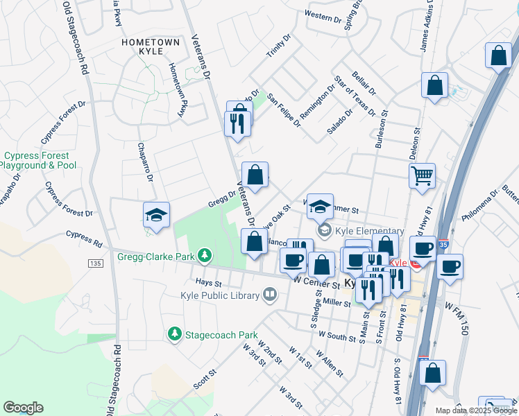map of restaurants, bars, coffee shops, grocery stores, and more near 411 Live Oak Street in Kyle