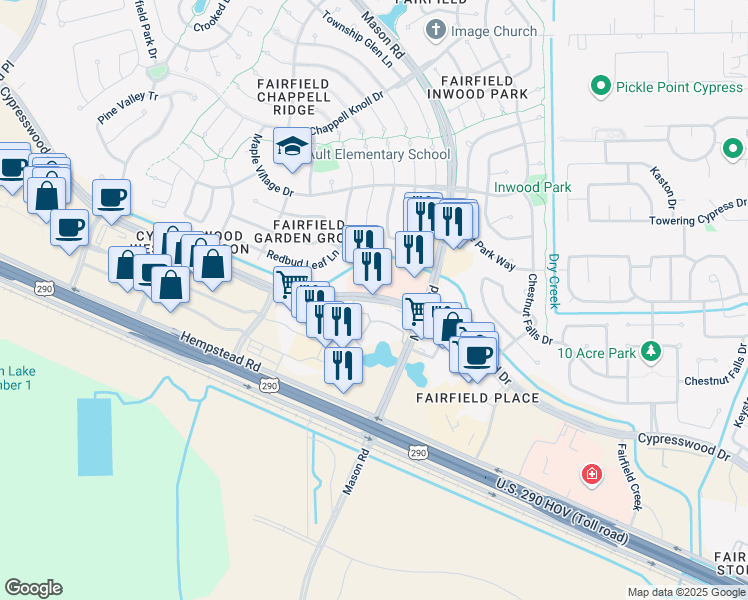 map of restaurants, bars, coffee shops, grocery stores, and more near 20528 Cypresswood Drive in Cypress