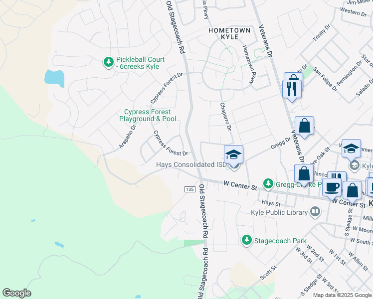 map of restaurants, bars, coffee shops, grocery stores, and more near 101 Cypress Forest Drive in Kyle