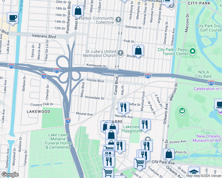 map of restaurants, bars, coffee shops, grocery stores, and more near 5622 Canal Boulevard in New Orleans