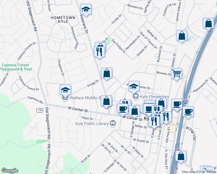 map of restaurants, bars, coffee shops, grocery stores, and more near 411 Live Oak Street in Kyle