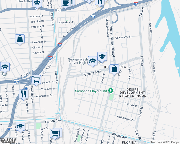 map of restaurants, bars, coffee shops, grocery stores, and more near 3019 Higgins Boulevard in New Orleans