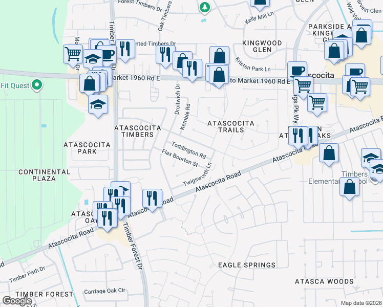 map of restaurants, bars, coffee shops, grocery stores, and more near 5811 Flax Bourton Street in Humble