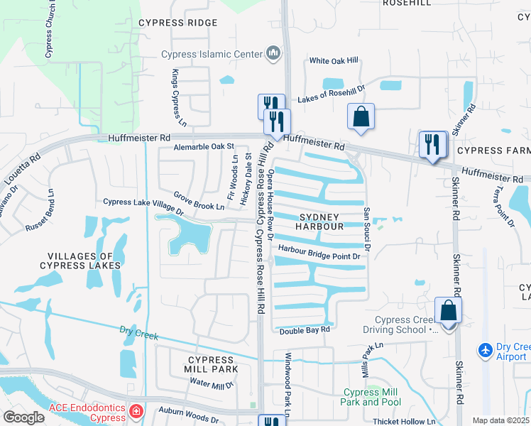 map of restaurants, bars, coffee shops, grocery stores, and more near 15315 Opera House Row Drive in Cypress