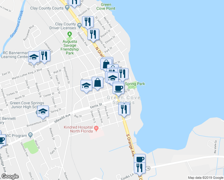map of restaurants, bars, coffee shops, grocery stores, and more near 415 Walnut Street in Green Cove Springs