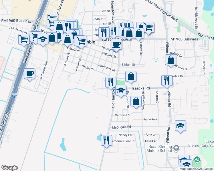 map of restaurants, bars, coffee shops, grocery stores, and more near 98 Isaacks Road in Humble