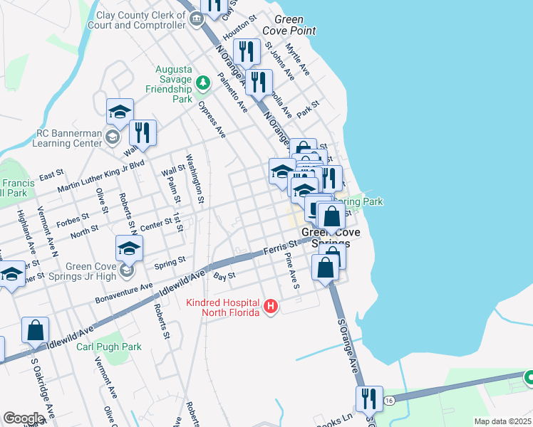 map of restaurants, bars, coffee shops, grocery stores, and more near 707 Walnut Street in Green Cove Springs