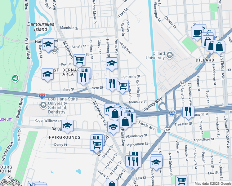 map of restaurants, bars, coffee shops, grocery stores, and more near 1606 Pleasure Street in New Orleans