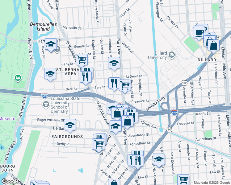 map of restaurants, bars, coffee shops, grocery stores, and more near 1500 Lafreniere Street in New Orleans