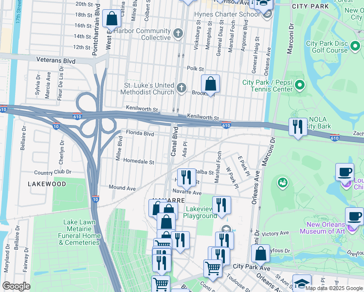 map of restaurants, bars, coffee shops, grocery stores, and more near 5629 Ada Place in New Orleans