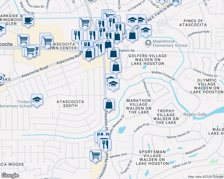 map of restaurants, bars, coffee shops, grocery stores, and more near 18810 West Lake Houston Parkway in Humble