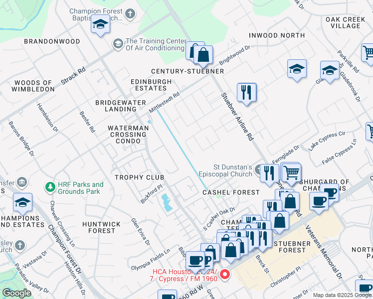 map of restaurants, bars, coffee shops, grocery stores, and more near 14441 Stuebner Airline Road in Houston