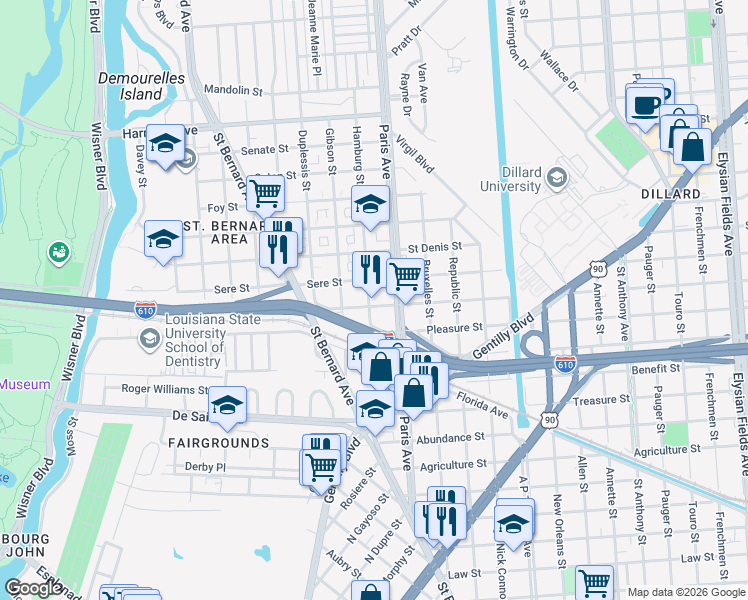 map of restaurants, bars, coffee shops, grocery stores, and more near 1500 Lafreniere Street in New Orleans