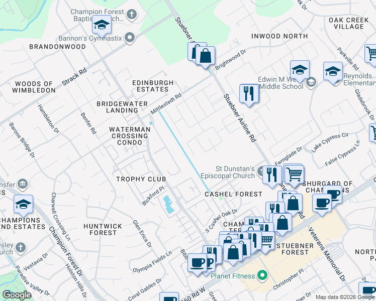 map of restaurants, bars, coffee shops, grocery stores, and more near 14441 Stuebner Airline Road in Houston