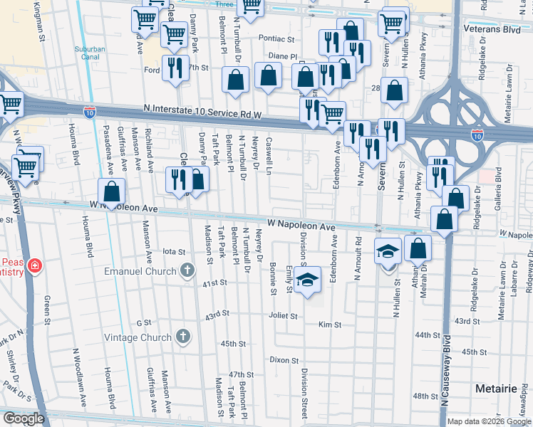 map of restaurants, bars, coffee shops, grocery stores, and more near 3744 West Napoleon Avenue in Metairie