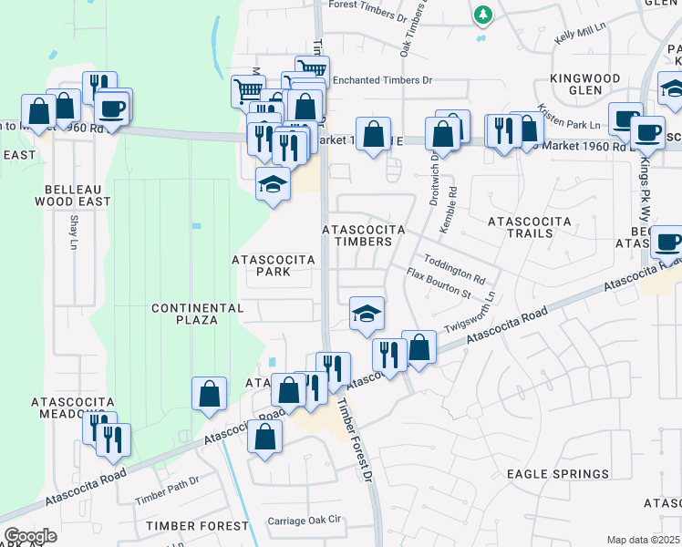 map of restaurants, bars, coffee shops, grocery stores, and more near 5414 Flax Bourton Street in Humble