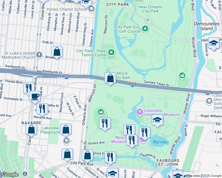 map of restaurants, bars, coffee shops, grocery stores, and more near 1 Palm Drive in New Orleans