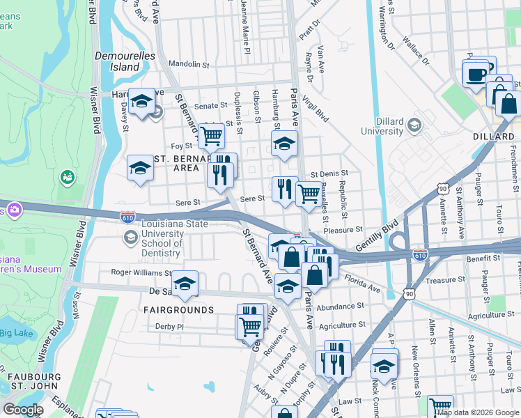 map of restaurants, bars, coffee shops, grocery stores, and more near 1465 Sere Street in New Orleans