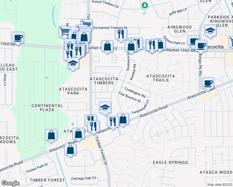 map of restaurants, bars, coffee shops, grocery stores, and more near 18718 Timbers Drive in Humble