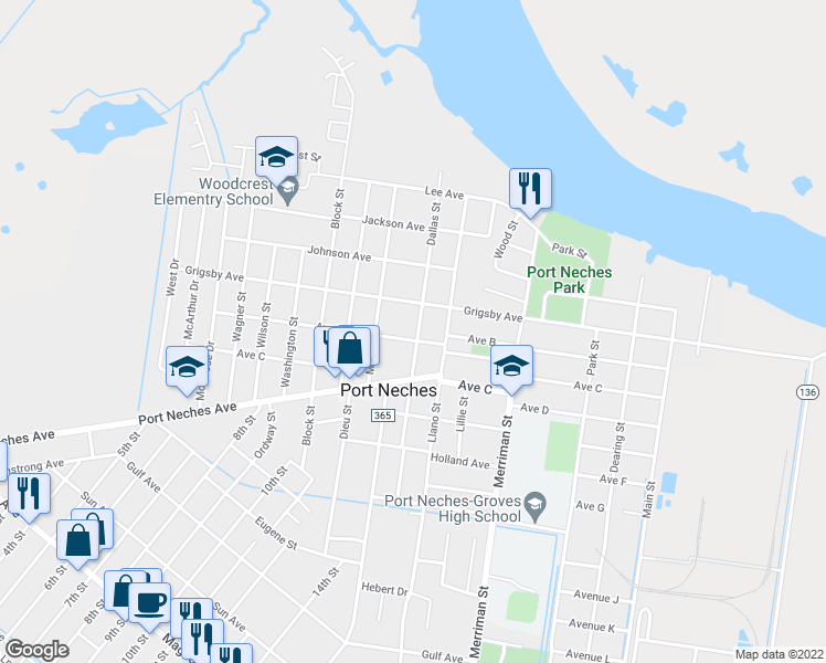 map of restaurants, bars, coffee shops, grocery stores, and more near 1026 Dallas Street in Port Neches