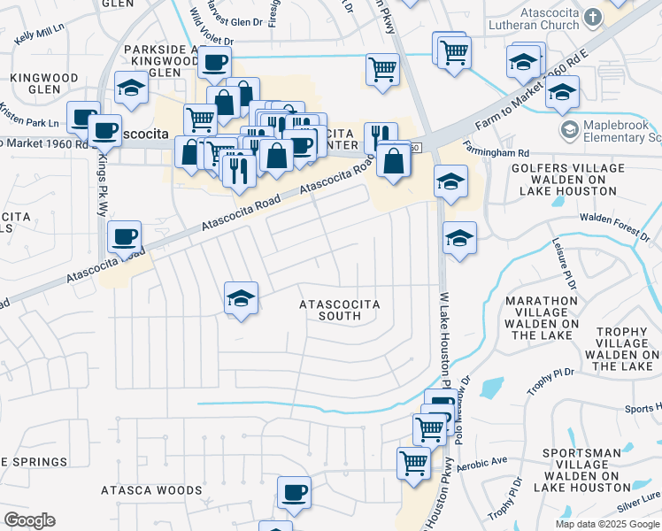 map of restaurants, bars, coffee shops, grocery stores, and more near 7227 Pine Bower Court in Humble