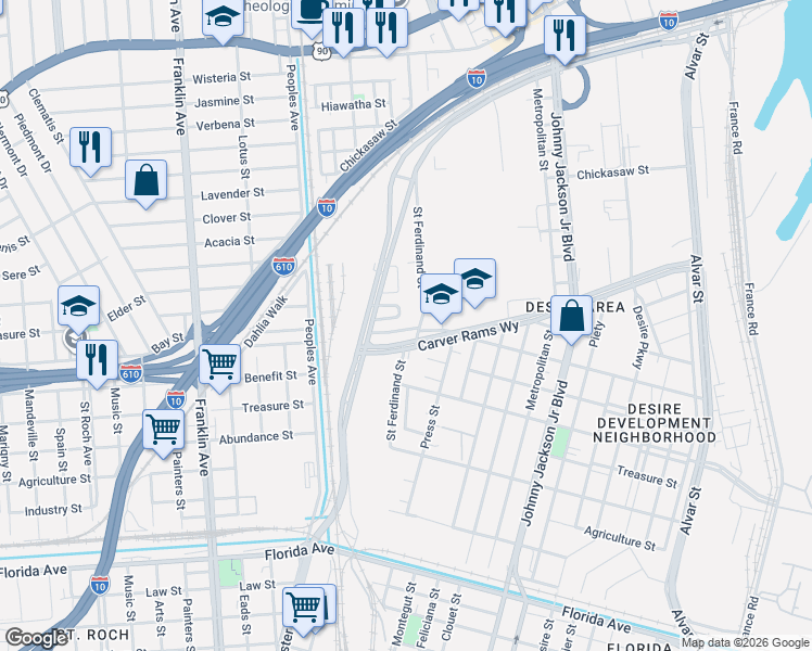 map of restaurants, bars, coffee shops, grocery stores, and more near 216 Liberty Terrace in New Orleans