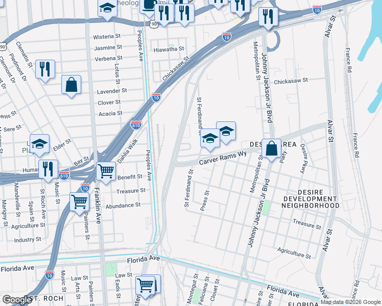 map of restaurants, bars, coffee shops, grocery stores, and more near 216 Liberty Terrace in New Orleans