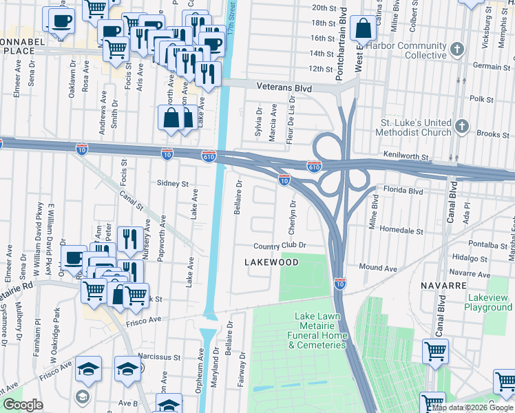map of restaurants, bars, coffee shops, grocery stores, and more near 5669 Evelyn Court in New Orleans