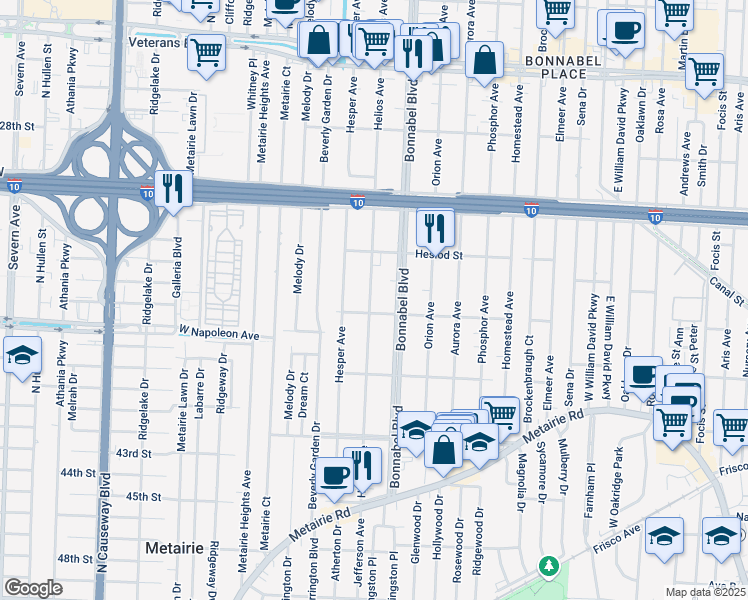 map of restaurants, bars, coffee shops, grocery stores, and more near 443 Helios Avenue in Metairie