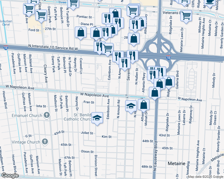 map of restaurants, bars, coffee shops, grocery stores, and more near 2217 Edenborn Avenue in Metairie