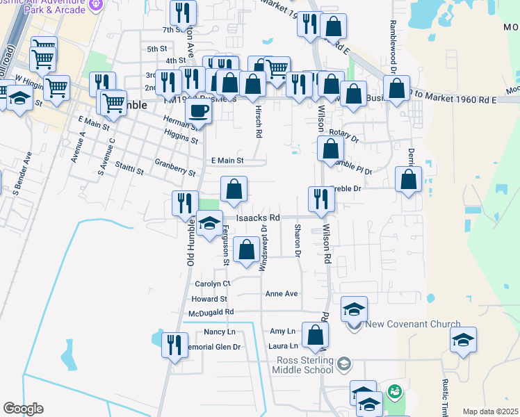 map of restaurants, bars, coffee shops, grocery stores, and more near 182 Willow Street in Humble