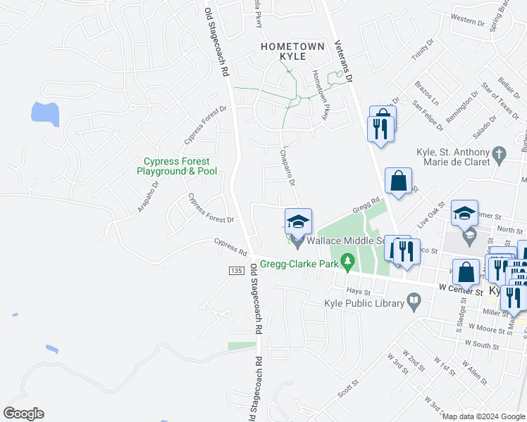 map of restaurants, bars, coffee shops, grocery stores, and more near 131 Desert Rose Drive in Kyle
