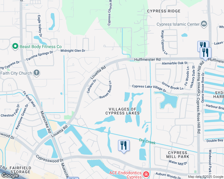 map of restaurants, bars, coffee shops, grocery stores, and more near 15114 Russet Bend Lane in Cypress