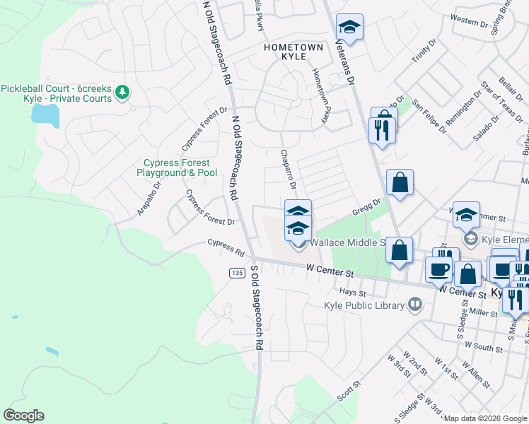 map of restaurants, bars, coffee shops, grocery stores, and more near 447 Timbleweed Drive in Kyle