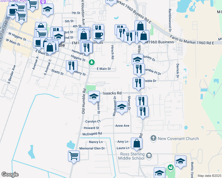map of restaurants, bars, coffee shops, grocery stores, and more near 182 Willow Street in Humble