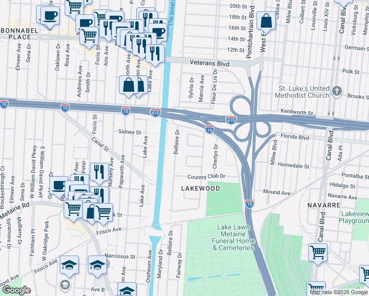 map of restaurants, bars, coffee shops, grocery stores, and more near 5646 Evelyn Court in New Orleans