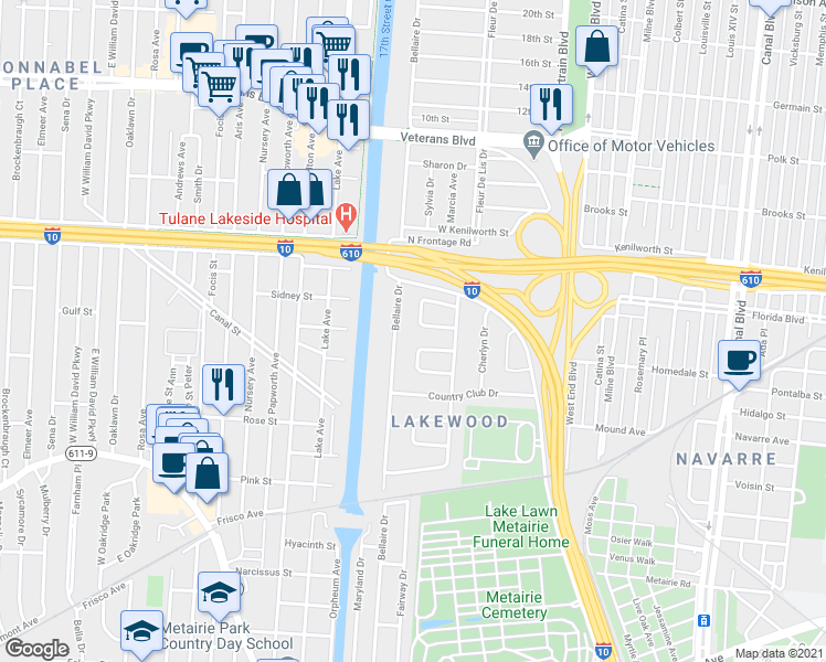 map of restaurants, bars, coffee shops, grocery stores, and more near 5646 Evelyn Court in New Orleans