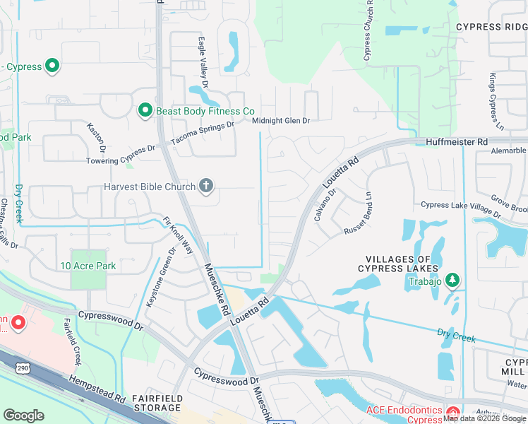 map of restaurants, bars, coffee shops, grocery stores, and more near 19130 Balcones Pine Street in Cypress