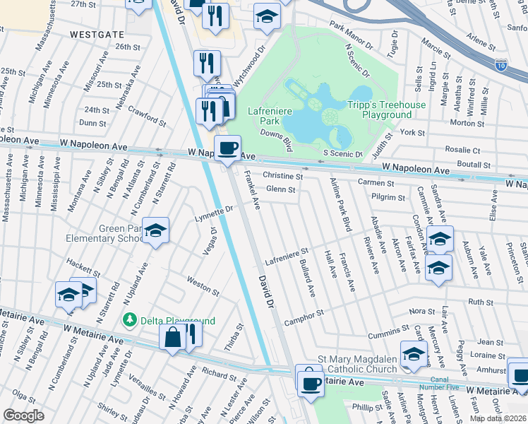 map of restaurants, bars, coffee shops, grocery stores, and more near 7009 Amanda Street in Metairie