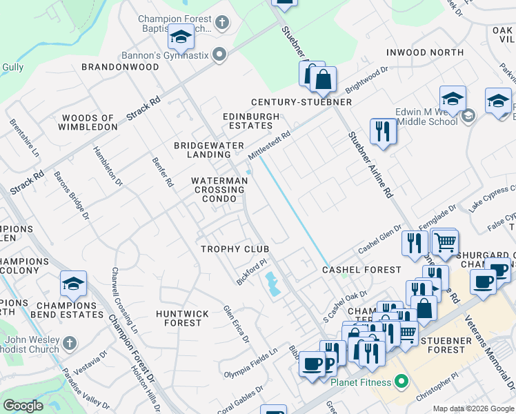 map of restaurants, bars, coffee shops, grocery stores, and more near 14707 Bending Maple Drive in Houston