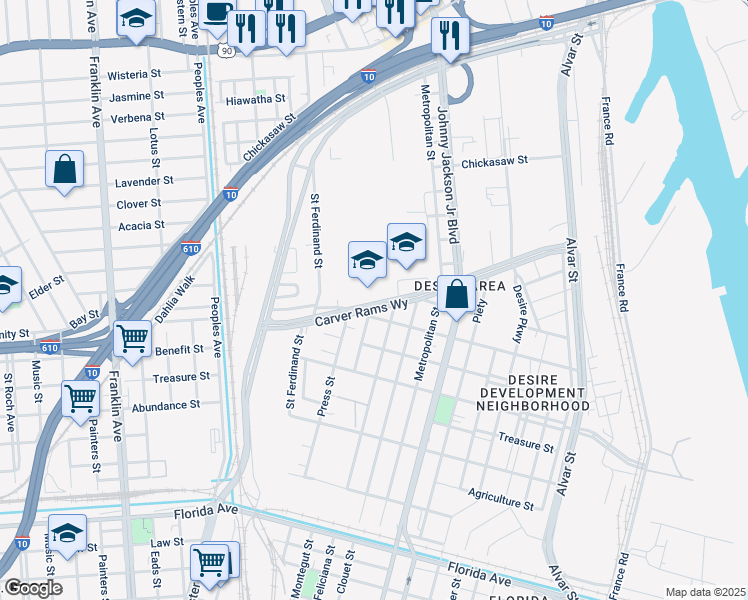 map of restaurants, bars, coffee shops, grocery stores, and more near 3059 Higgins Boulevard in New Orleans