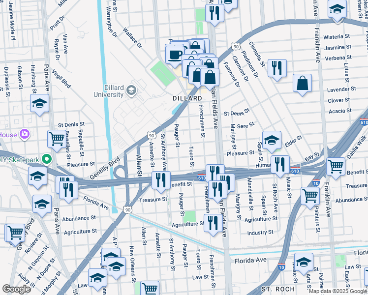map of restaurants, bars, coffee shops, grocery stores, and more near 2067 Lafreniere Street in New Orleans