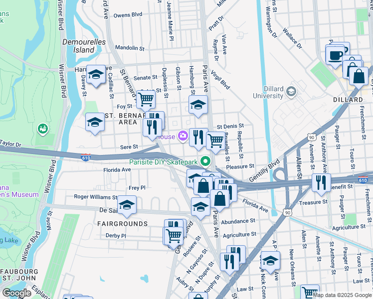 map of restaurants, bars, coffee shops, grocery stores, and more near 1531 Sere Street in New Orleans