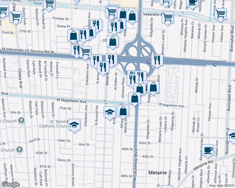 map of restaurants, bars, coffee shops, grocery stores, and more near 2301 Severn Avenue in Metairie