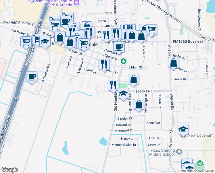 map of restaurants, bars, coffee shops, grocery stores, and more near 818 Staitti Street in Humble